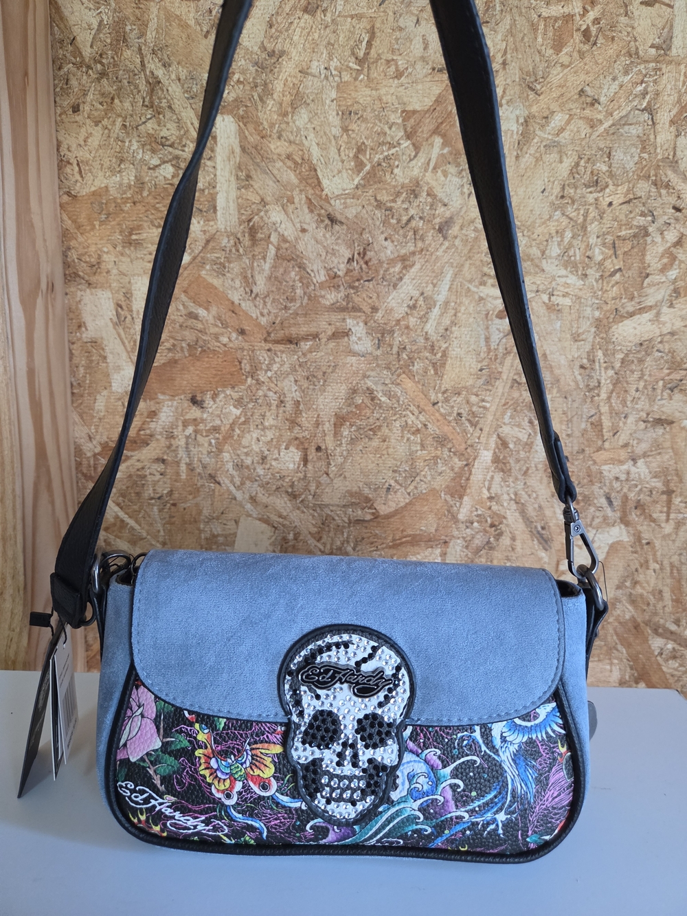 Ed Hardy Denim Rhinestone Baguette Bag - Love Kills Slowly Skull Tattoo NWT